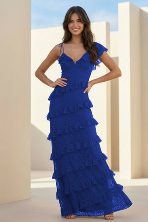 Red Sheath V Neck Lace Long Prom Dresses With Ruffles - KissProm