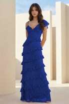 Iverie | Royal Blue Sheath V Neck Lace Long Prom Dresses With Ruffles - KissProm