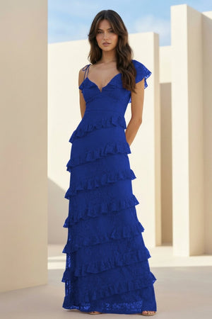 Red Sheath V Neck Lace Long Prom Dresses With Ruffles - KissProm