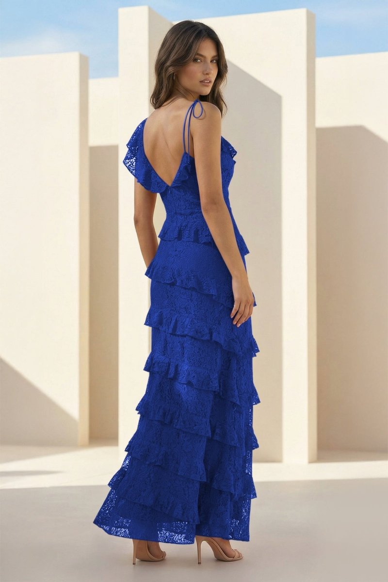 Iverie | Royal Blue Sheath V Neck Lace Long Prom Dresses With Ruffles - KissProm