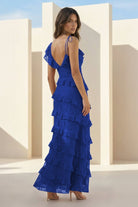 Iverie | Royal Blue Sheath V Neck Lace Long Prom Dresses With Ruffles - KissProm