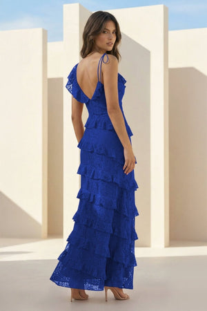 Red Sheath V Neck Lace Long Prom Dresses With Ruffles - KissProm
