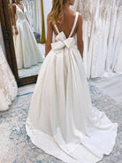 Samira | Ivory A - Line Deep V - Neck Long Wedding Dress with Bowknot - KissProm
