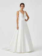 Samira | Ivory A - Line Deep V - Neck Long Wedding Dress with Bowknot - KissProm