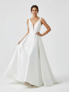 Samira | Ivory A - Line Deep V - Neck Long Wedding Dress with Bowknot - KissProm