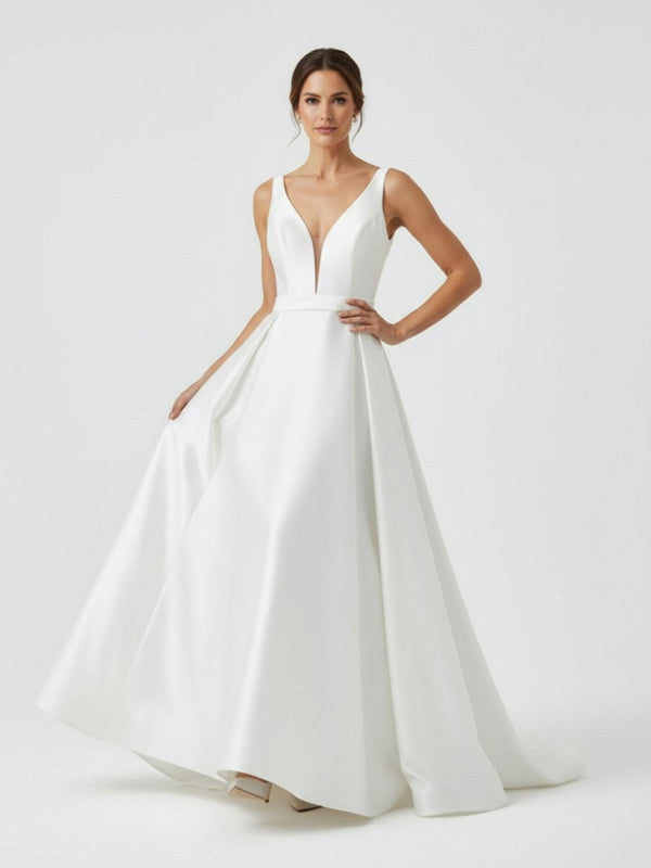 Samira | Ivory A - Line Deep V - Neck Long Wedding Dress with Bowknot - KissProm