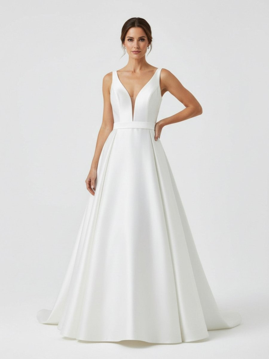 Samira | Ivory A - Line Deep V - Neck Long Wedding Dress with Bowknot - KissProm