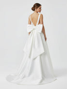 Samira | Ivory A - Line Deep V - Neck Long Wedding Dress with Bowknot - KissProm