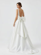 Samira | Ivory A - Line Deep V - Neck Long Wedding Dress with Bowknot - KissProm