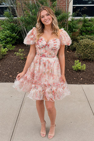 Ivory A Line Off the Shoulder Printed Homecoming Dress | KISSPROM