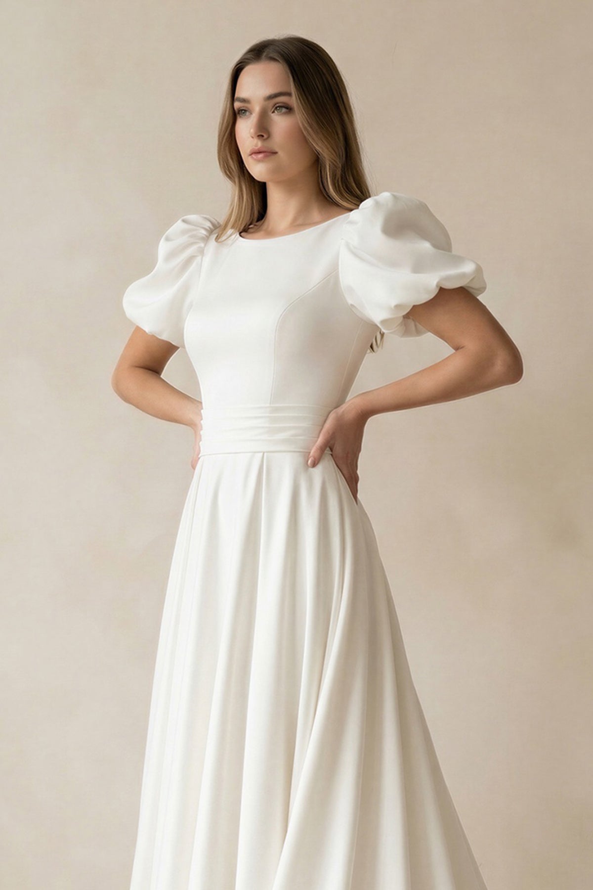 KissProm Ivory A-line Puff Sleeves Satin Sweeping Long Wedding Dress, Diamond White / 10