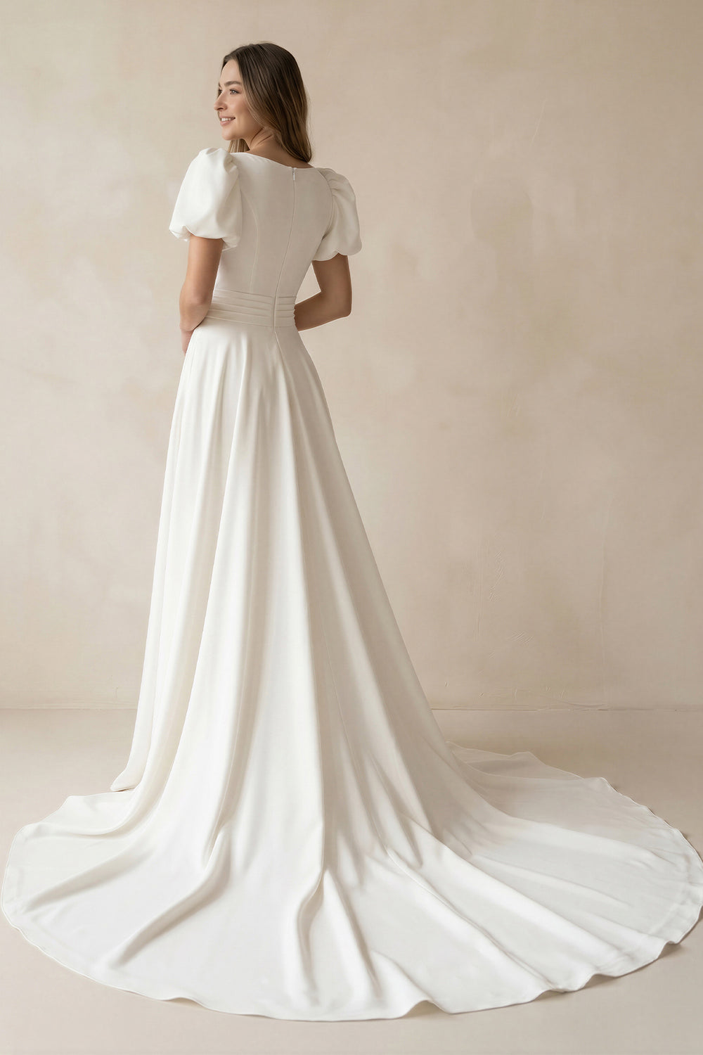 Ivory A-line Puff Sleeves Satin Sweeping Long Wedding Dress-KissProm