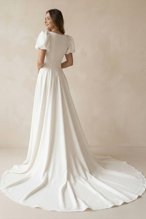 Ivory A-line Puff Sleeves Satin Sweeping Long Wedding Dress-KissProm