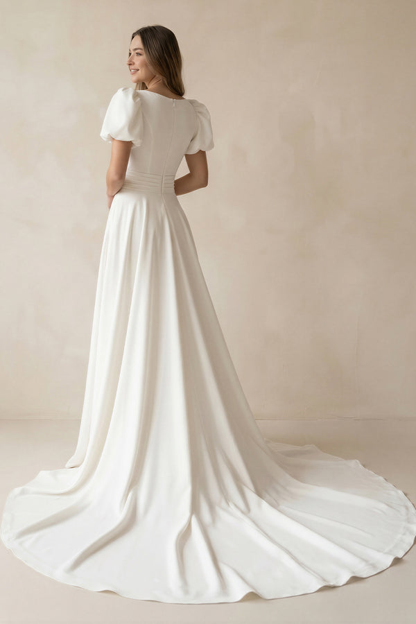 Ivory A-line Puff Sleeves Satin Sweeping Long Wedding Dress-KissProm