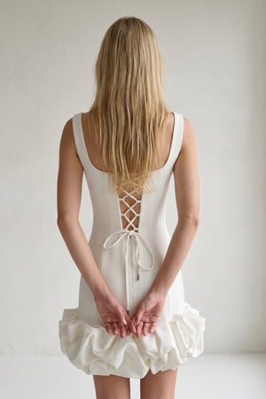 Ruched Ivory Spandex Mini Dress With Ruffles - KissProm