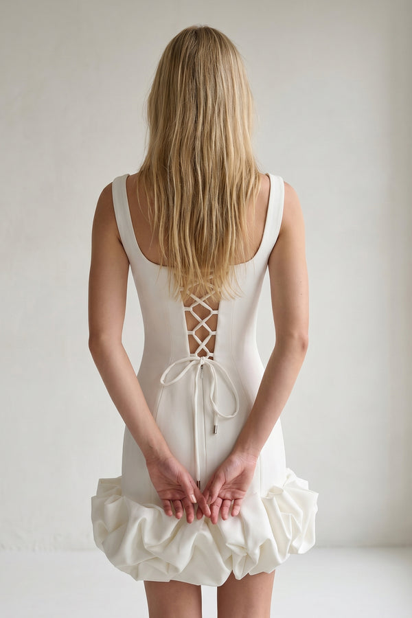 Ruched Ivory Spandex Mini Dress With Ruffles - KissProm
