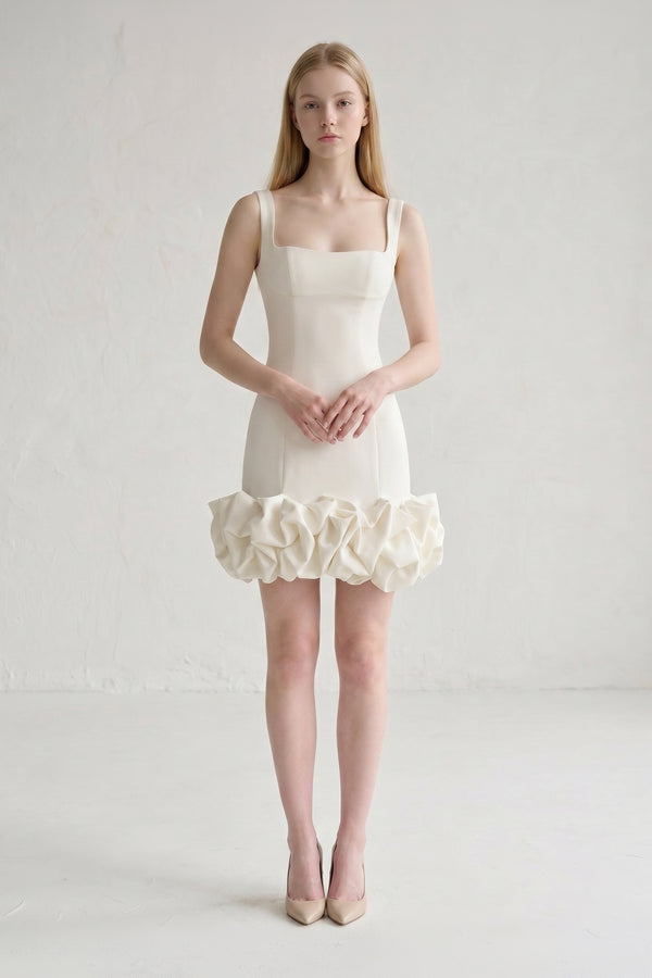 Ruched Ivory Spandex Mini Dress With Ruffles - KissProm