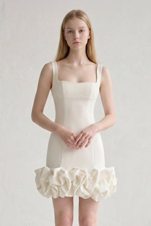 Ruched Ivory Spandex Mini Dress With Ruffles - KissProm