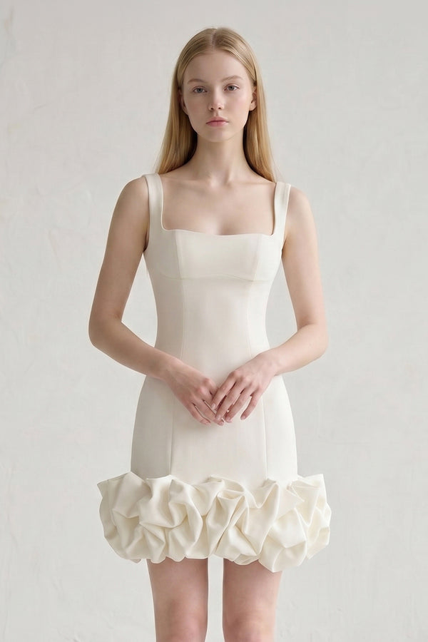 Ruched Ivory Spandex Mini Dress With Ruffles - KissProm
