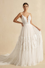 Ivory Boho A-Line Long Tulle Wedding Dress with Appliques-KissProm