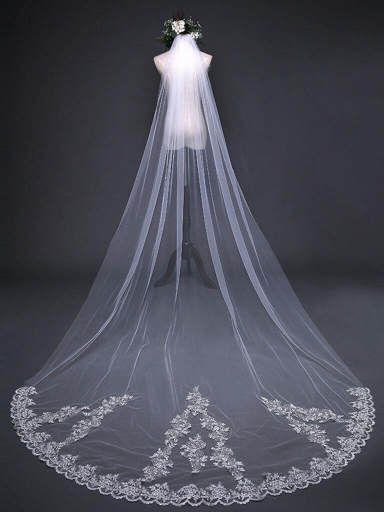Ivory Cathedral Veils with Lace and Beaded Hemline - KissProm