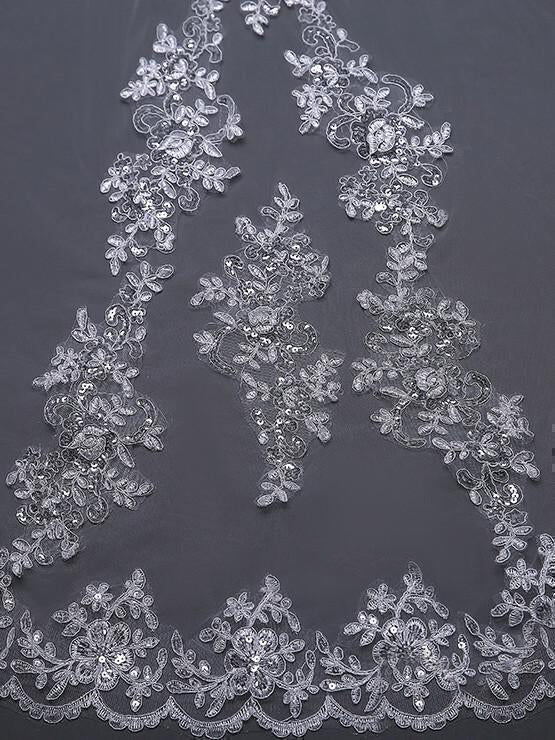 Ivory Cathedral Veils with Lace and Beaded Hemline - KissProm