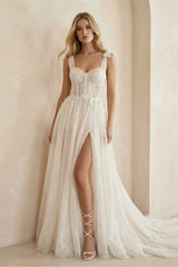 Ivory Glitter Tulle A - Line Wedding Dress with Slit - KissProm Wedding Dresses