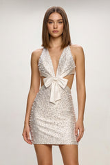 Ivory Halter Cut-Out Satin Sheath Homecoming Dress with Bow and Pearl - KISSPROM
