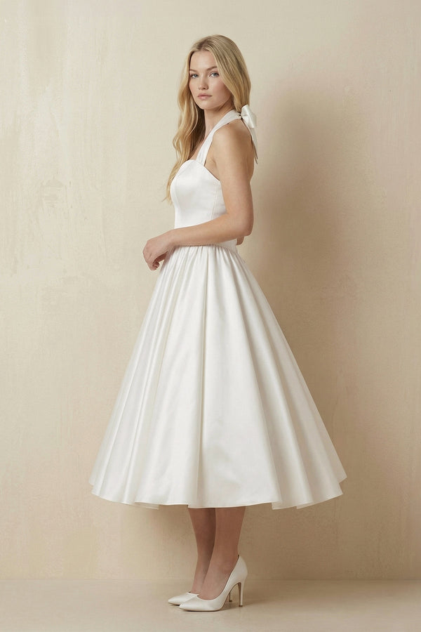 Ivory Halter Satin A - Line Midi Wedding Dress with Bow - KissProm Wedding Dresses