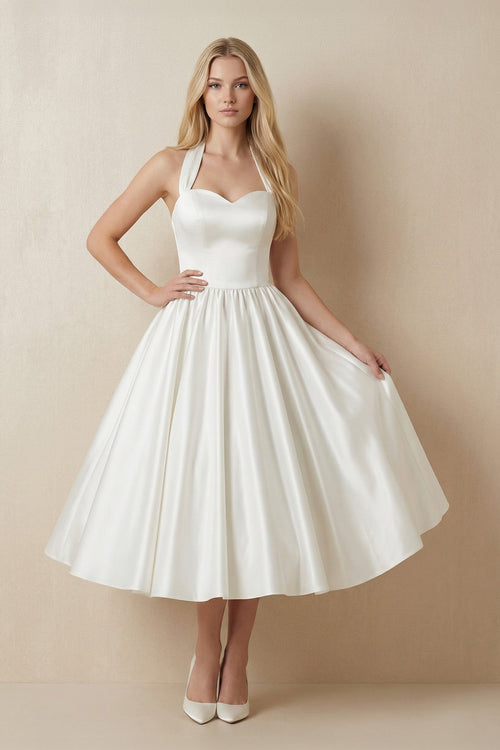 Ivory Halter Satin A - Line Midi Wedding Dress with Bow - KissProm Wedding Dresses