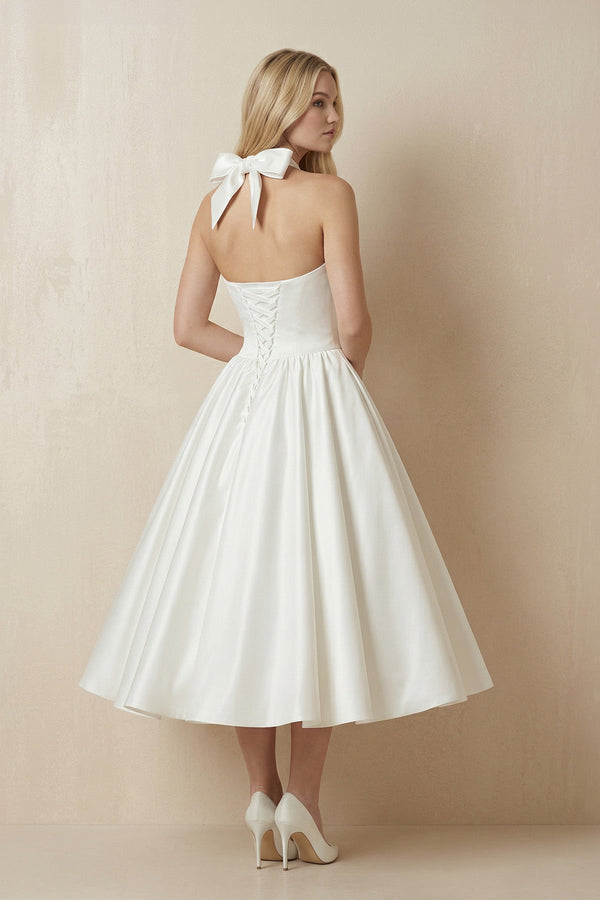 Ivory Halter Satin A - Line Midi Wedding Dress with Bow - KissProm Wedding Dresses