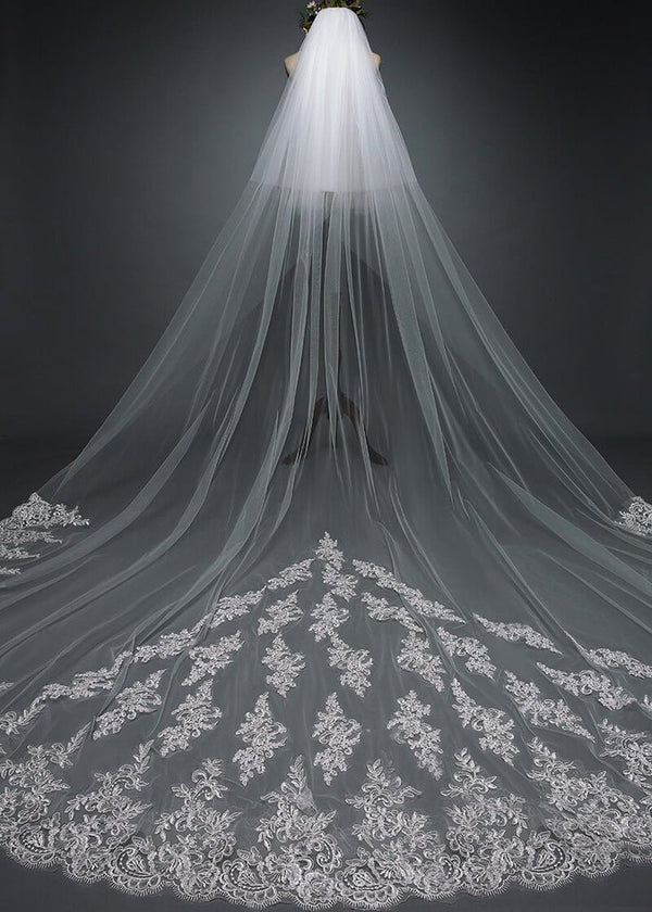 Ivory Lace Cathedral Veils with Blusher - KissProm