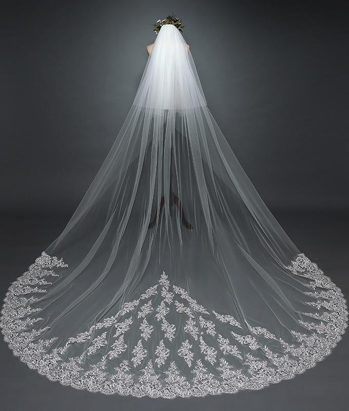 Ivory Lace Cathedral Veils with Blusher - KissProm