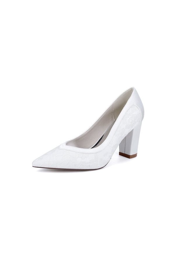Ivory Lace High Heels with Wooden Heel - KissProm