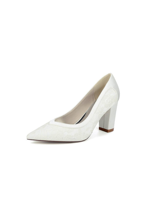 Ivory Lace High Heels with Wooden Heel - KissProm