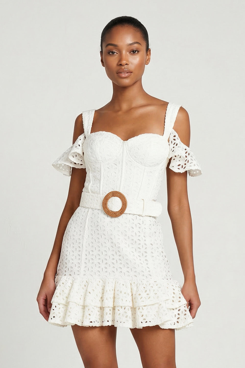 Ivory Lace Ruffled Mini Graduation Dress With Belt - KISSPROM