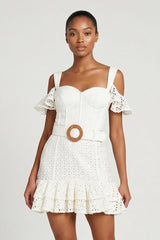 Ivory Lace Ruffled Mini Graduation Dress With Belt - KissProm