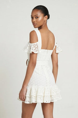 Ivory Lace Ruffled Mini Graduation Dress With Belt - KissProm