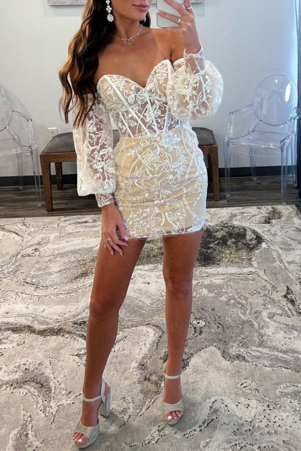 Ivory Lace Strapless Short Homecoming Dress with Detachable Sleeves