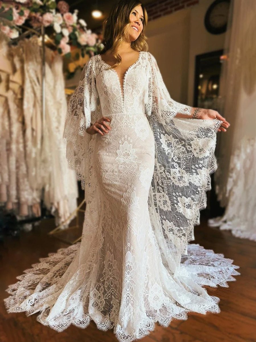 Ivory Long Sleeve Cape Lace Mermaid Wedding Dress with Appliques, White-Nude / 20