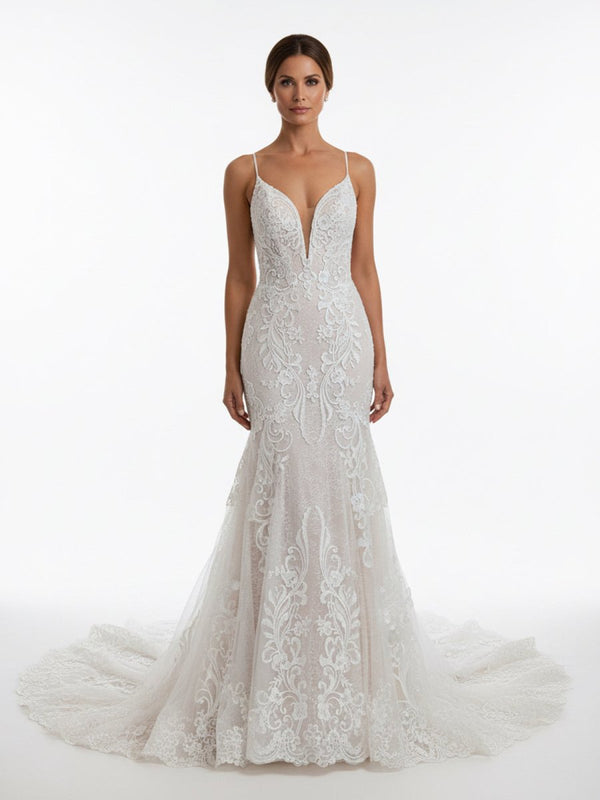 Aliza | Ivory Mermaid Spaghetti Straps Backless Long Lace Wedding Dress– Wedding Dresses by KissProm | Available at KissProm