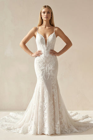 Aliza | Ivory Mermaid Spaghetti Straps Backless Long Lace Wedding Dress– Wedding Dresses by KissProm | Available at KissProm