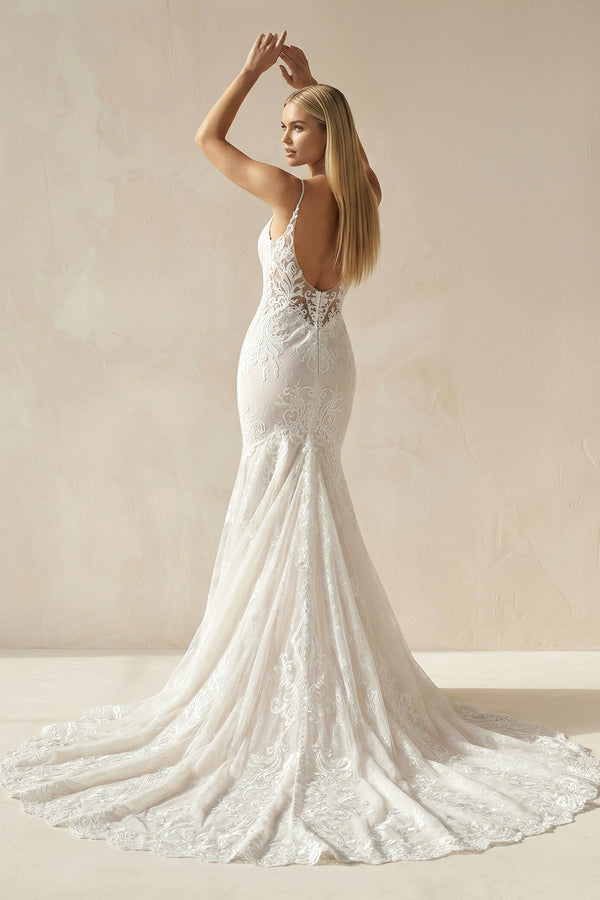Aliza | Ivory Mermaid Spaghetti Straps Backless Long Lace Wedding Dress– Wedding Dresses by KissProm | Available at KissProm