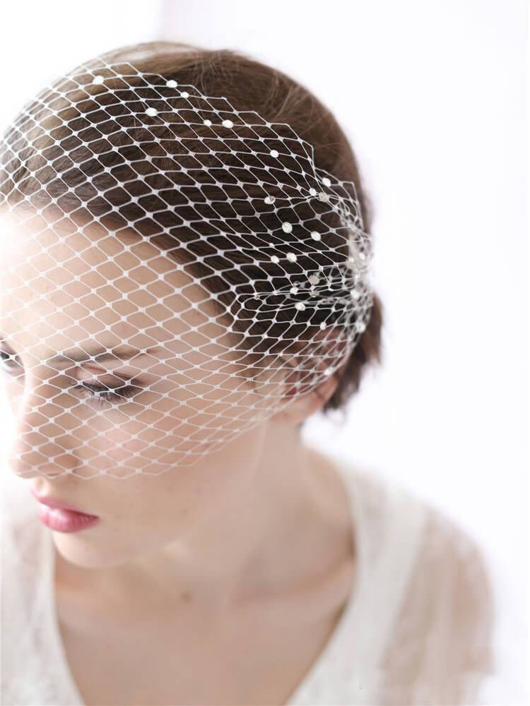 Ivory Mesh Birdcage Veils with Tiny Beads - KissProm