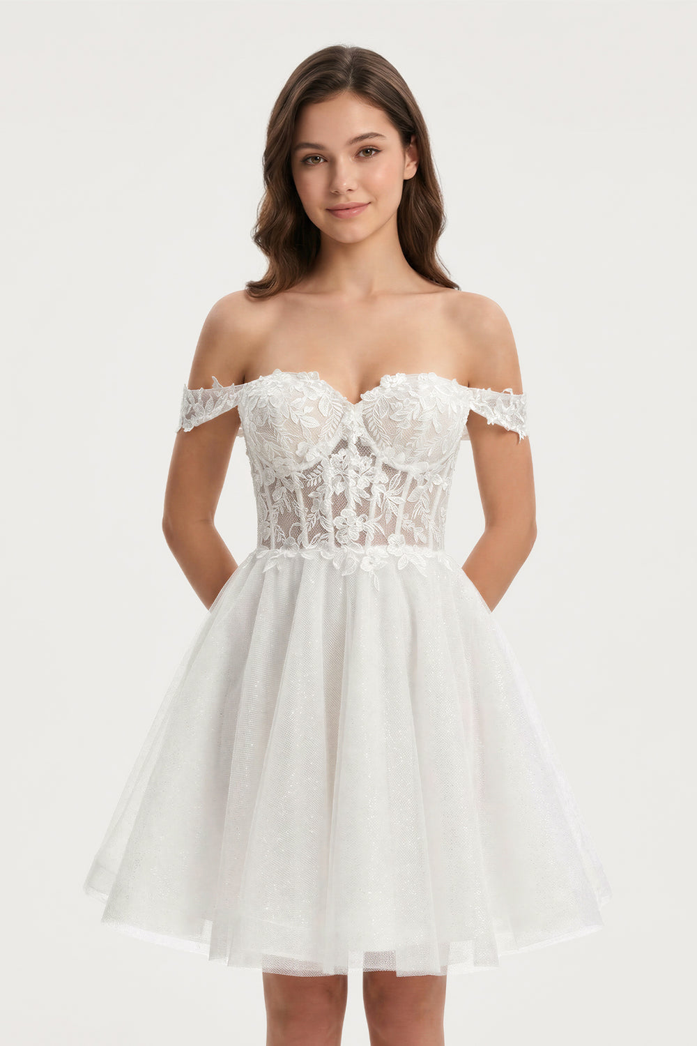 Ivory Off-the-Shoulder Appliqued Corset Graduation Dress - KISSPROM
