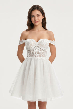 Ivory Off-the-Shoulder Appliqued Corset Graduation Dress - KISSPROM