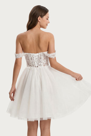 Ivory Off-the-Shoulder Appliqued Corset Graduation Dress - KISSPROM