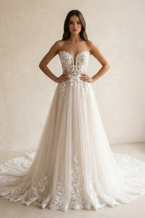 Ivory Off - the - Shoulder Lace A - Line Wedding Dress - KissProm Wedding Dresses