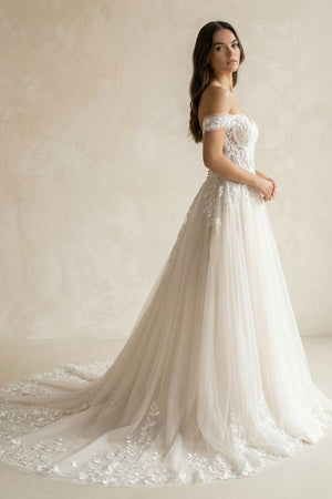 Ivory Off - the - Shoulder Lace A - Line Wedding Dress - KissProm Wedding Dresses