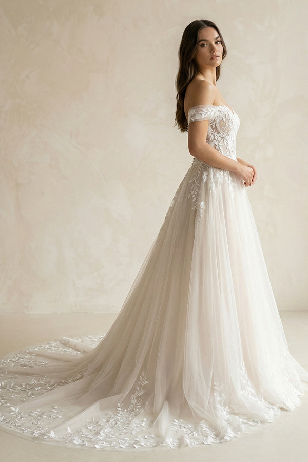 Ivory Off - the - Shoulder Lace A - Line Wedding Dress - KissProm Wedding Dresses